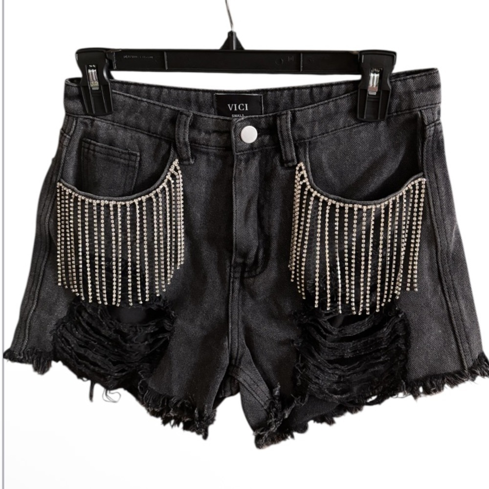 Vici Rhinestone Distressed Washed Black Cut Off Jean Shorts NWOT